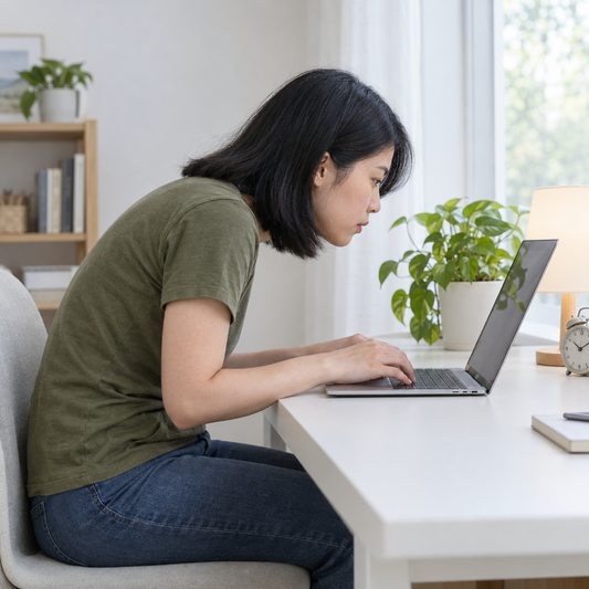 Vrouw achter laptop met hoofd naar voren en slechte houding